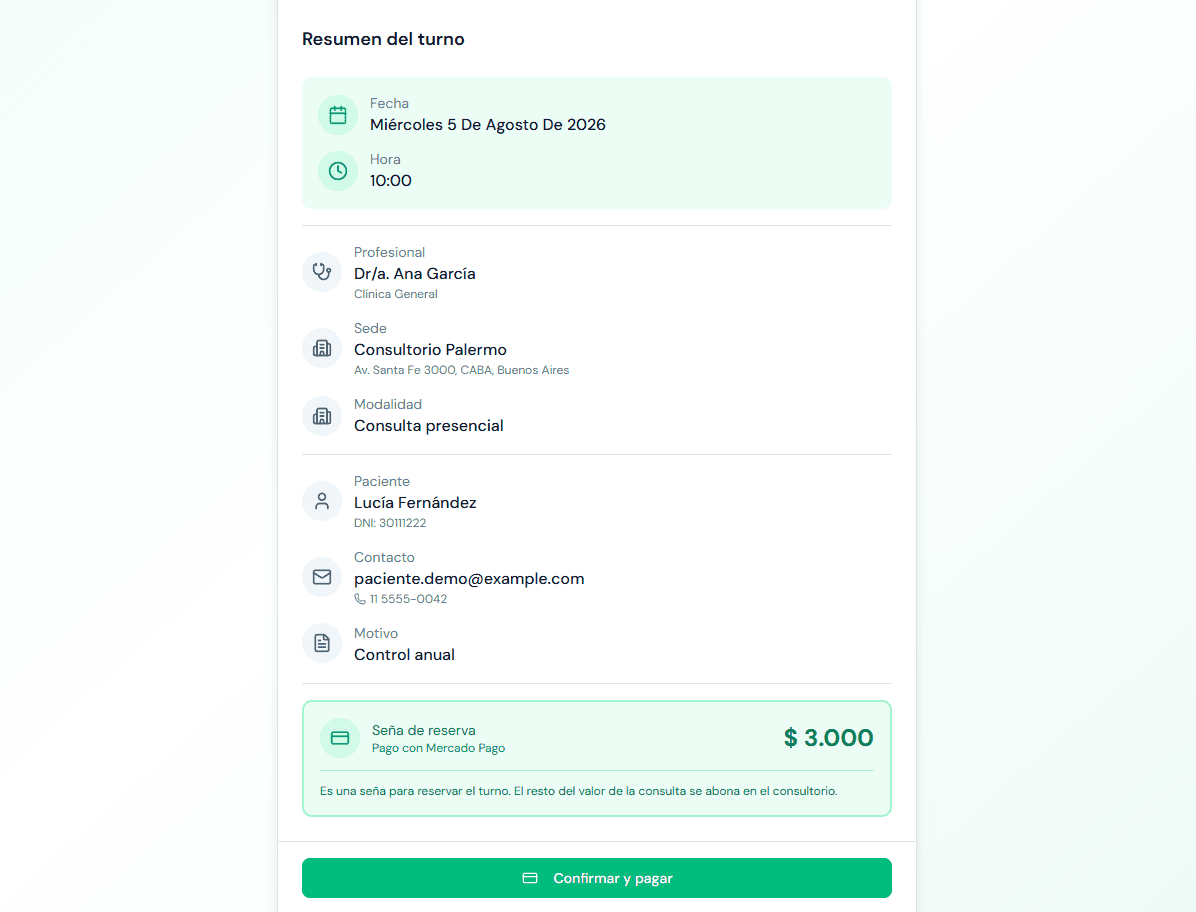 Resumen del turno en la turnera pública de MedicAI con seña de reserva paga con Mercado Pago